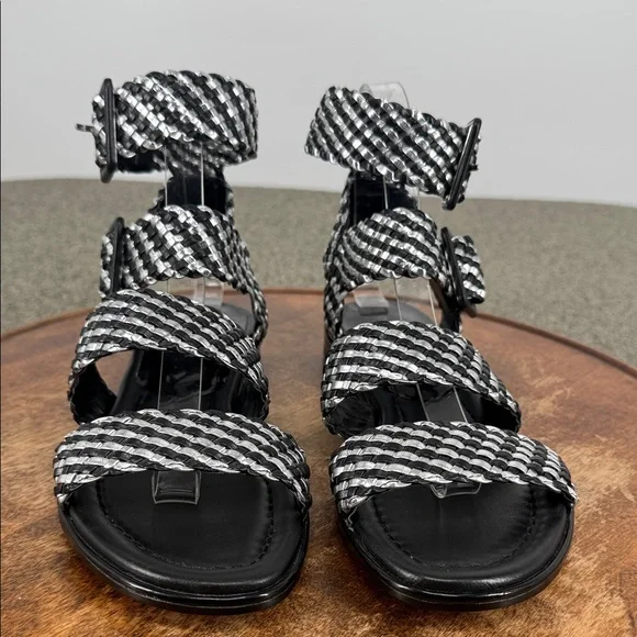 Donald J Pliner Sandals Wm 7.5 M Stylish Black Silver Braided Leather Gladiator - Picture 2 of 11